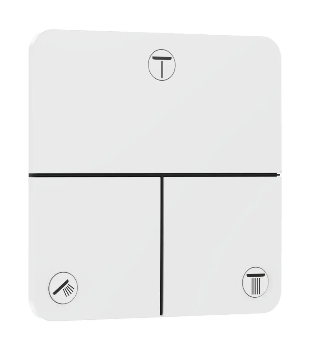 Weißes Bedienpanel von Hansgrohe mit drei variablen Funktionen, symbolisiert durch einfache Piktogramme. Eignet sich zur Steuerung von Dusch- oder Badewannenarmaturen.